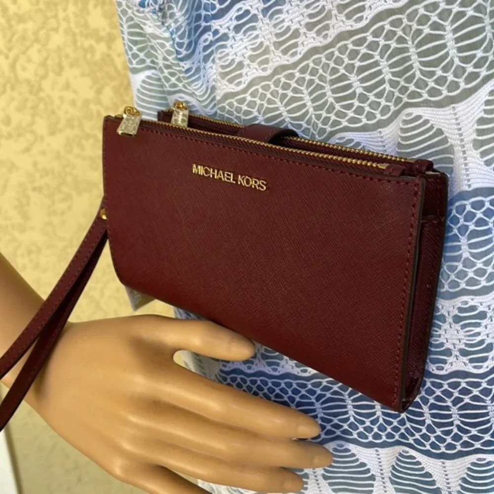 Michael Kors Jet Set Travel Large Double Zip Wristlet Wallet Dark Cherry Leather